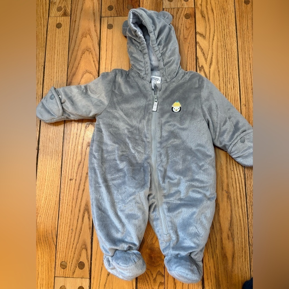Carter's Plush Gray Baby Winter Hooded Jumpsuit Pram 6-9mo penguin